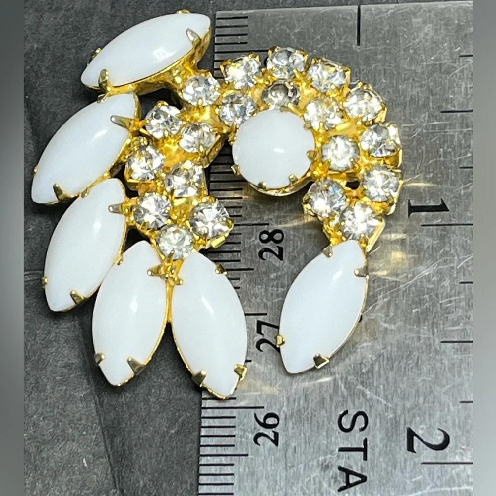 Vintage Milk Glass Rhinestone Crescent Brooch White Gold Tone MCM